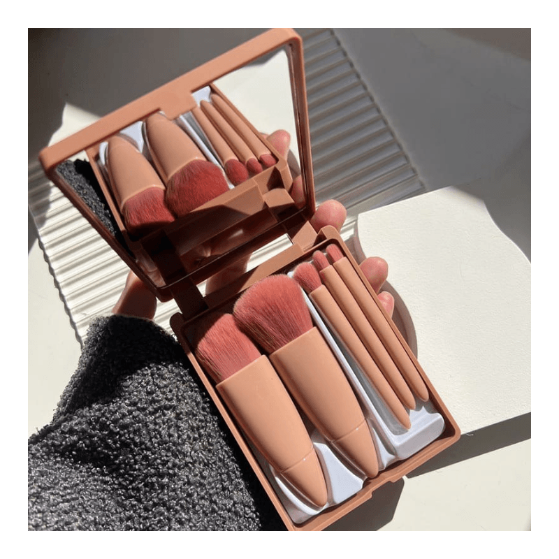 Kit Pincel Maquiagem Bolsa Estojo com Espelho - Cor Marrom