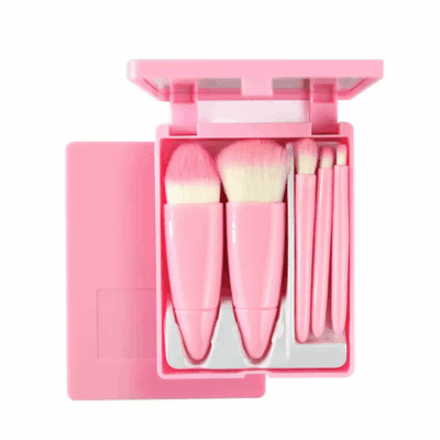 Kit Pincel Maquiagem Bolsa Estojo com Espelho - Rosa Claro