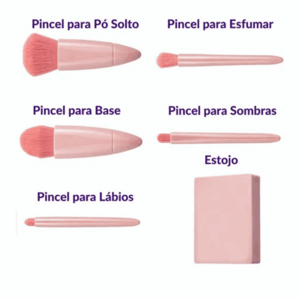 Kit Pincel Maquiagem Bolsa Estojo com Espelho - Rosa Claro - Imagem 2