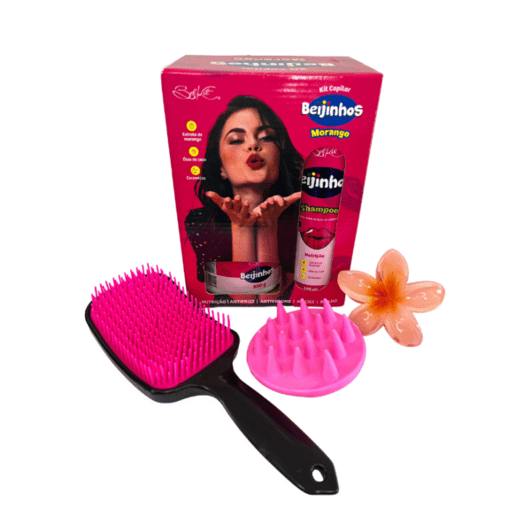 Kit Capilar Beijinhos de Morango Belkit com Escova Raquete + Presilha + Massageador Capilar + Brinde