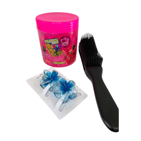 Kit Capilar Gelatina Tutti Frutti + Escova Polvo + 2 Presilhas Flor Pequena + Brinde